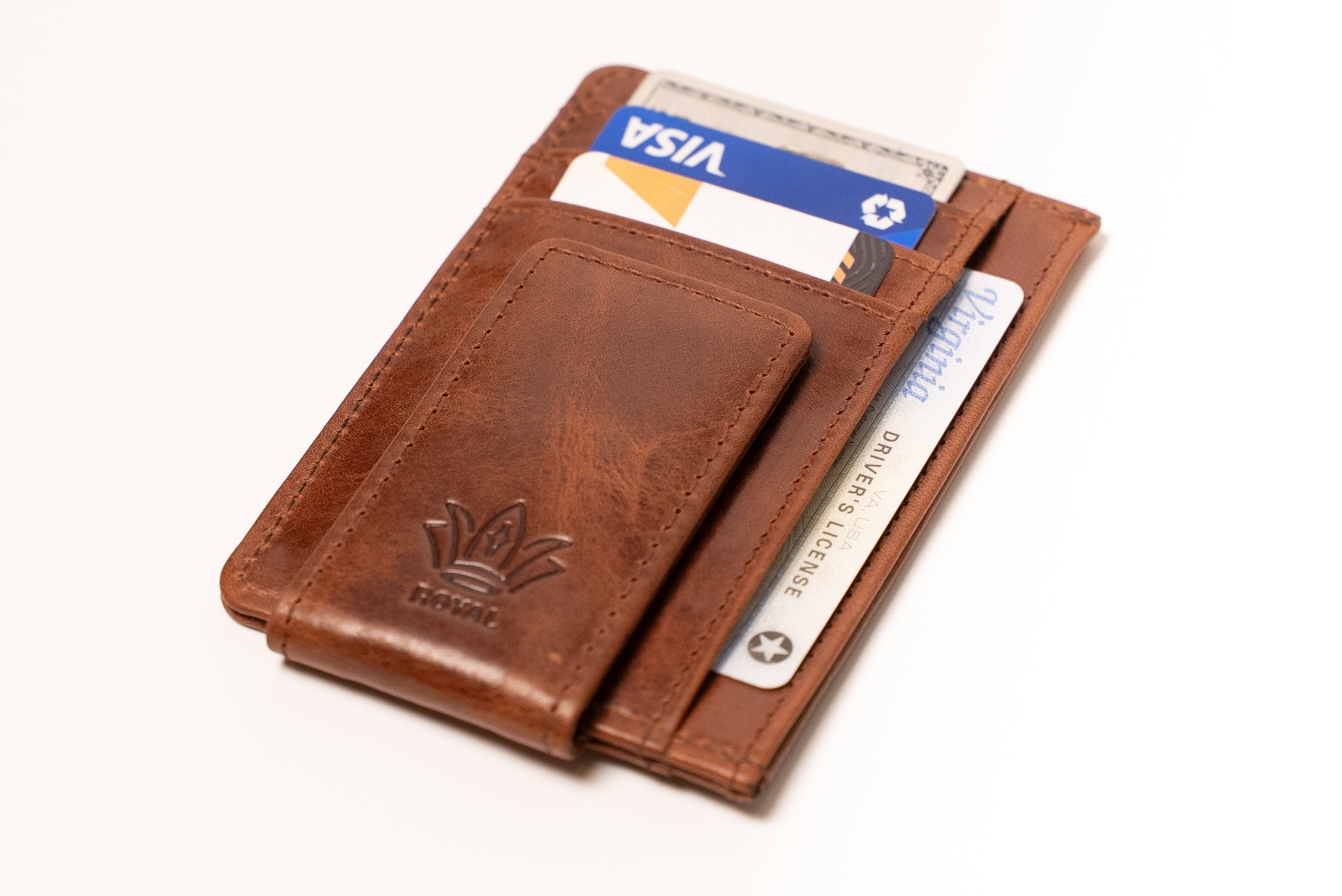 ROYAL Bifold Leather Money Clip Wallet - Brown Minimalist.