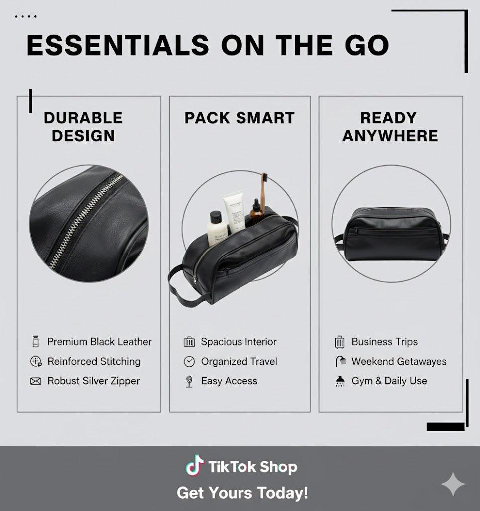 Royal Leather Toiletry Bag - Black Water Resistant Travel Organizer.