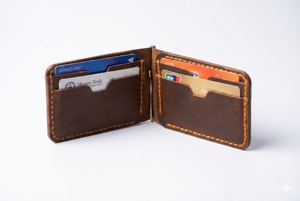 Brown leather wallet with cards on a white background