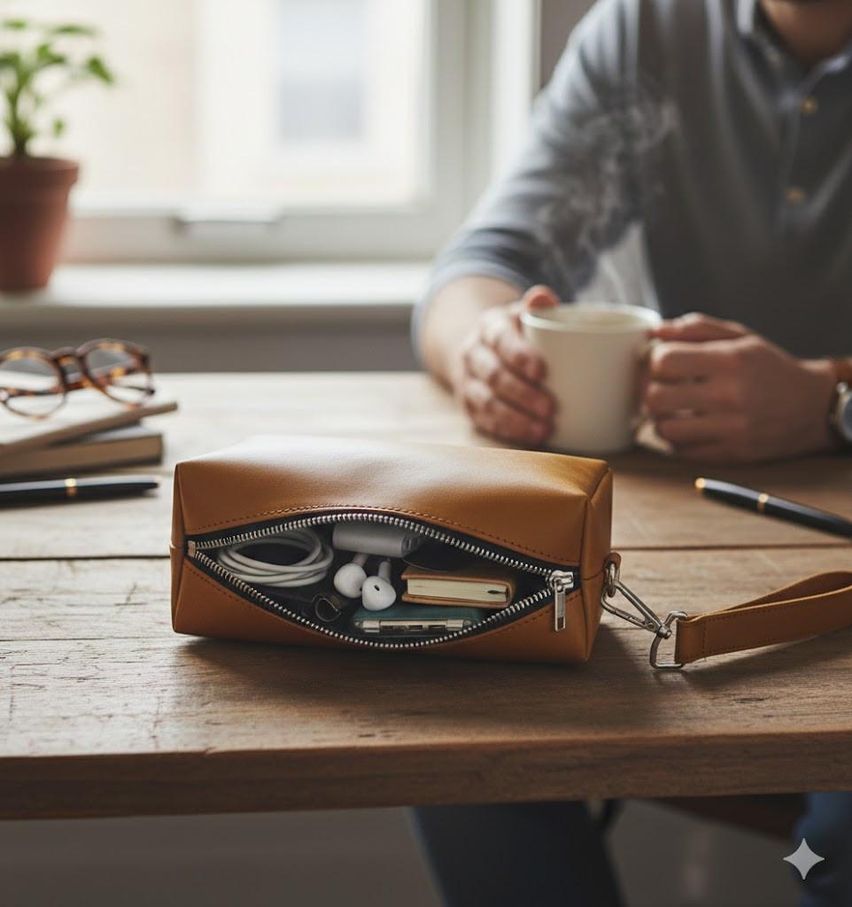 ROYAL Leather Toiletry Bag - Brown Water Resistant.