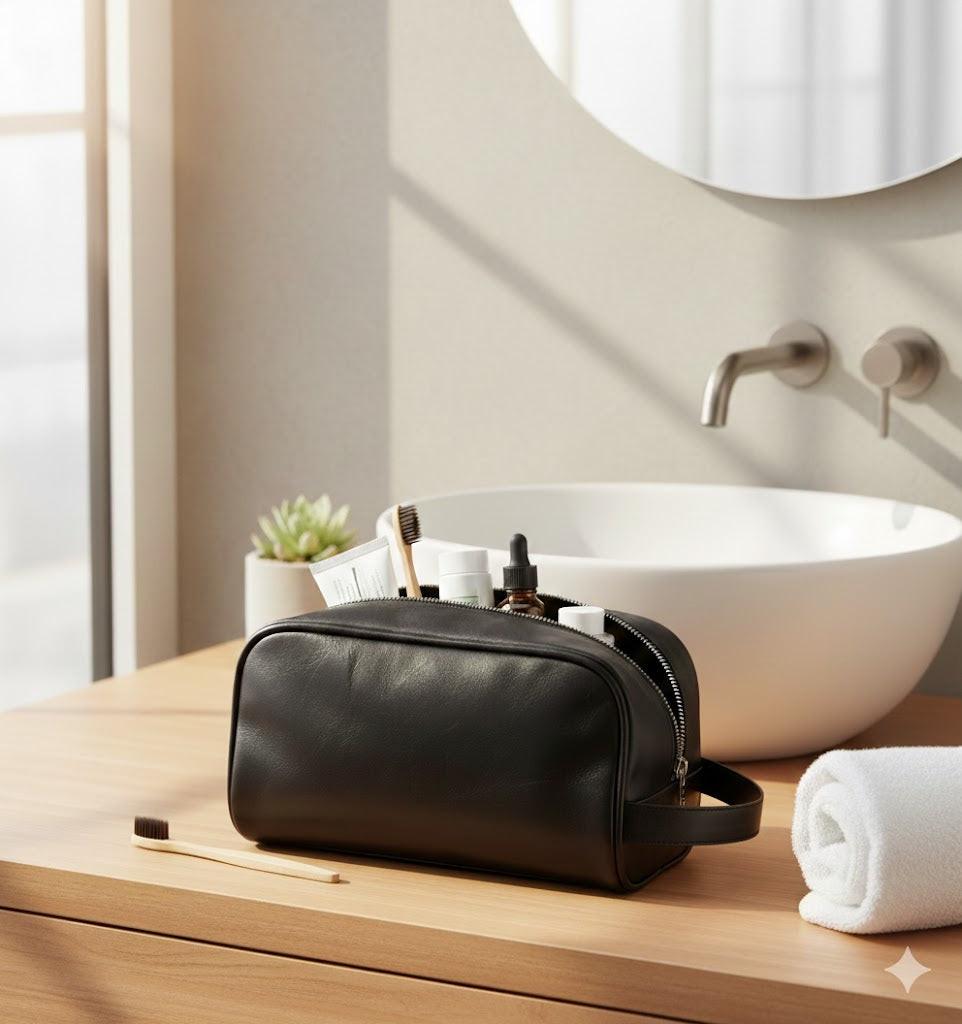 Royal Leather Toiletry Bag - Black Water Resistant Travel Organizer.