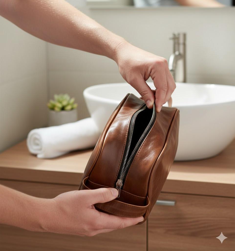 ROYAL Leather Toiletry Bag - Dark Brown Water Resistant.