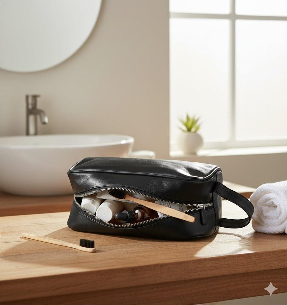 Royal Leather Toiletry Bag - Black Water Resistant Travel Organizer.