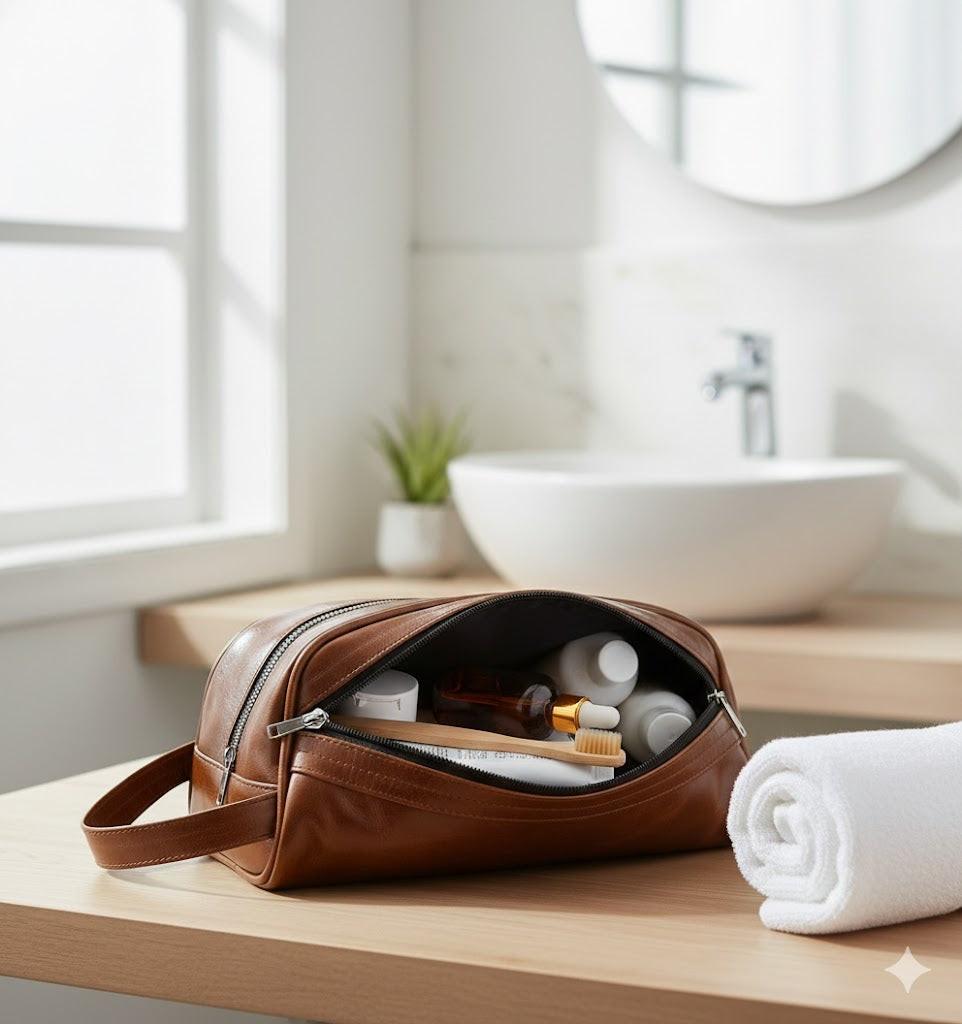 ROYAL Leather Toiletry Bag - Dark Brown Water Resistant.