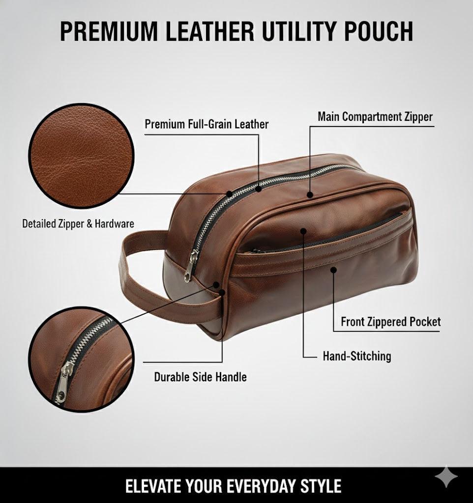 ROYAL Leather Toiletry Bag - Dark Brown Water Resistant.