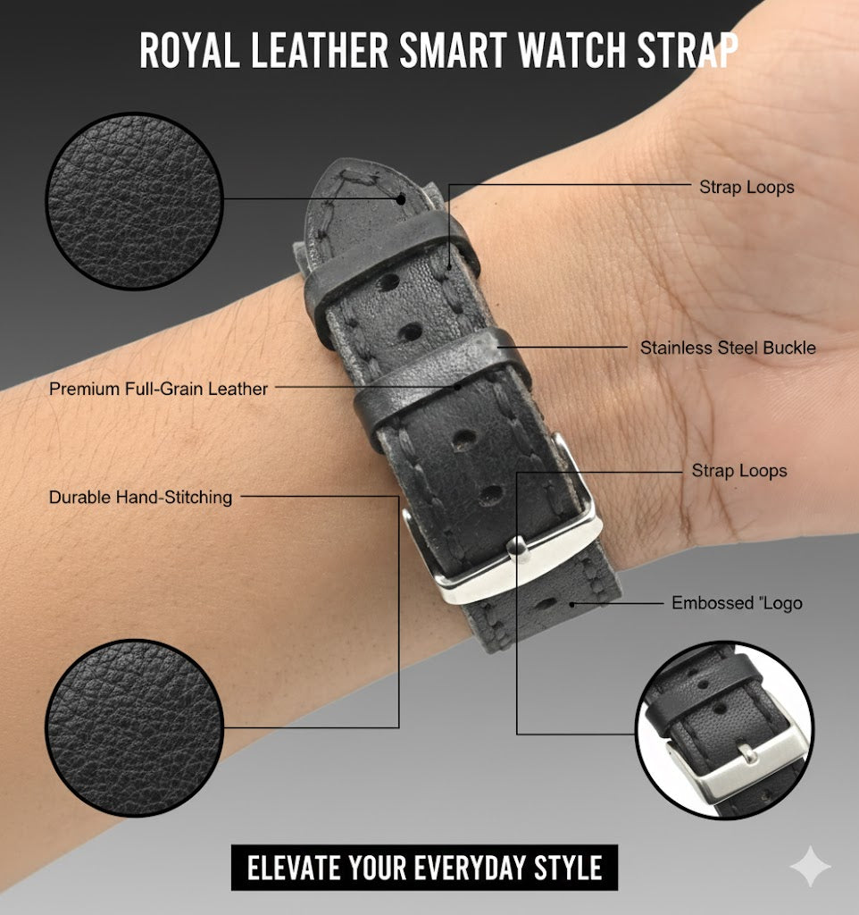 ROYAL Leather Watch Strap – Black Double Stitch.
