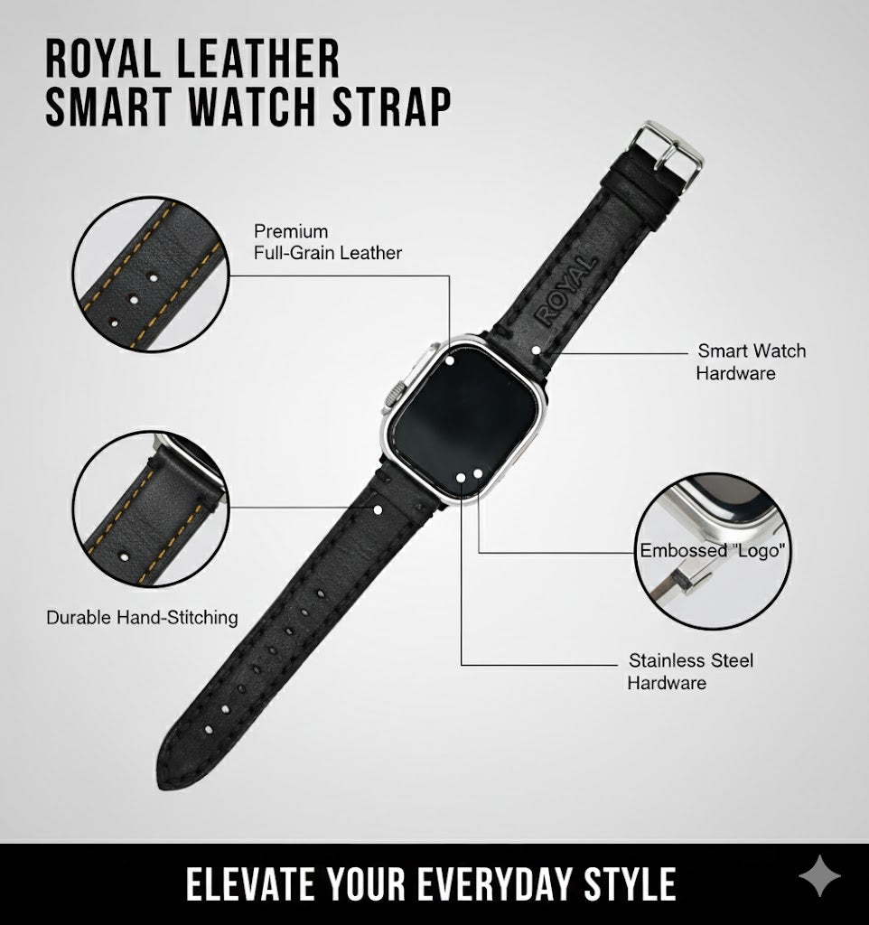 ROYAL Leather Watch Strap – Black Double Stitch.