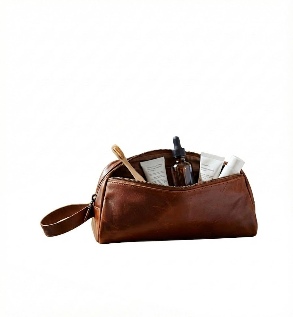 ROYAL Leather Toiletry Bag - Dark Brown Water Resistant.